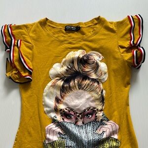 Muy Muy Fancy Collection Mustard Yellow Graphic Dress.  Size small